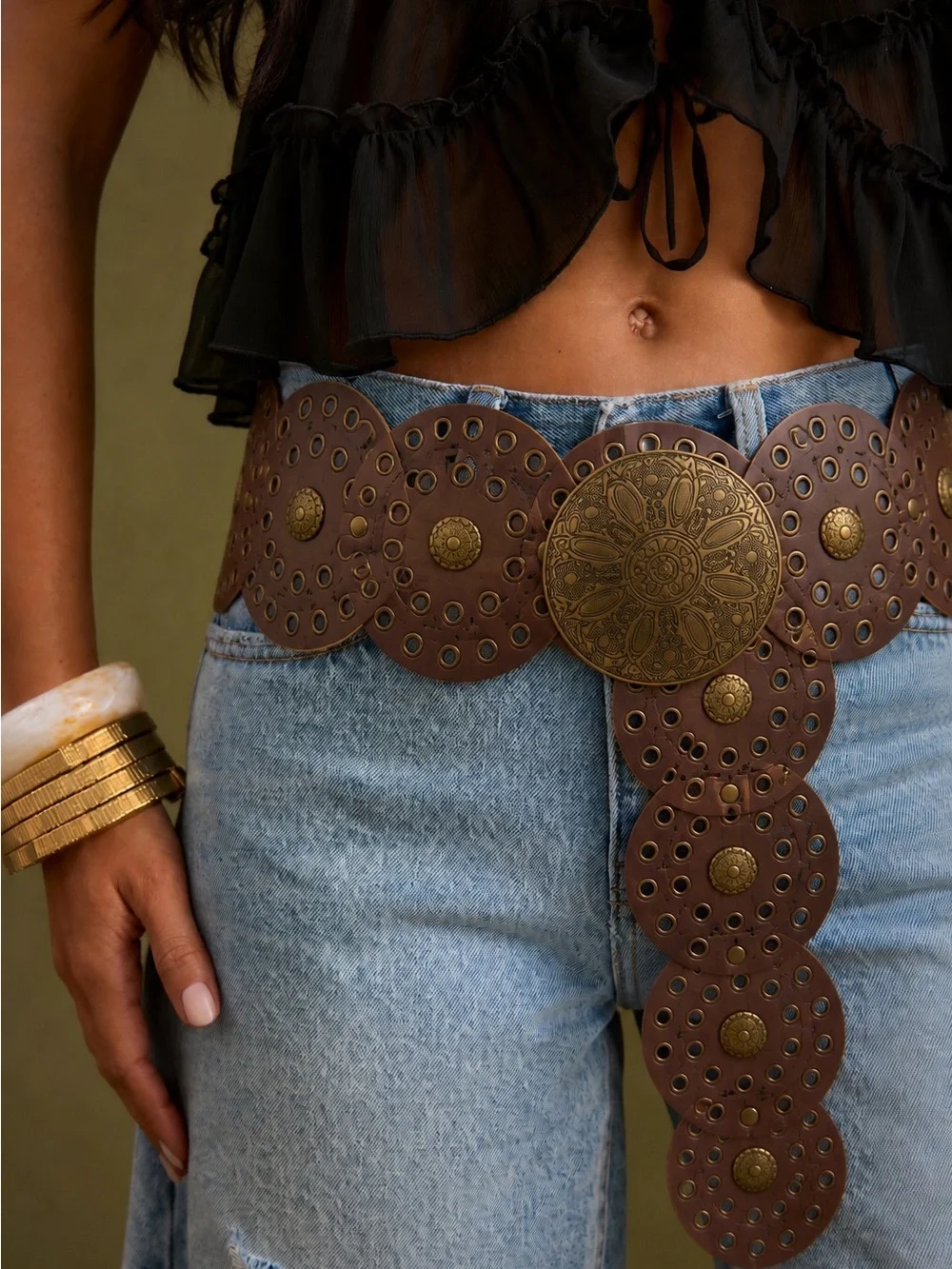 Western Hollow Disc Belt Wide Vintage Leather Wasitband Metal Buckle Boho Y2K